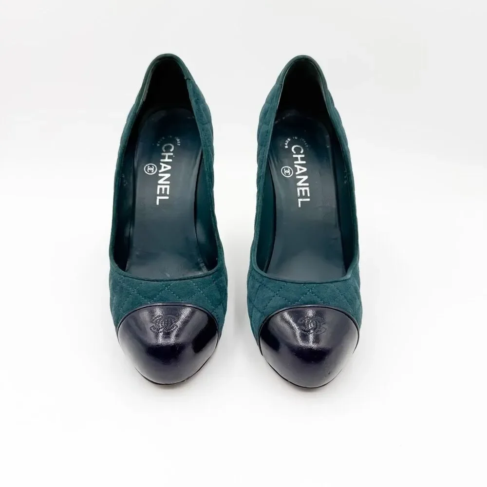 Chanel Teal Quilted Suede Cap Toe Pumps CC Logo Stiletto Heels EU 38